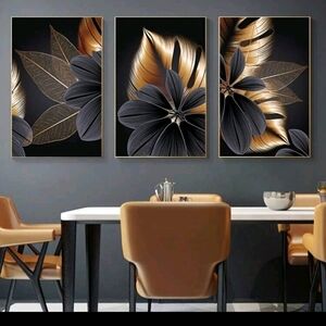 Unframed Gold and Black Floral Wall Art Set